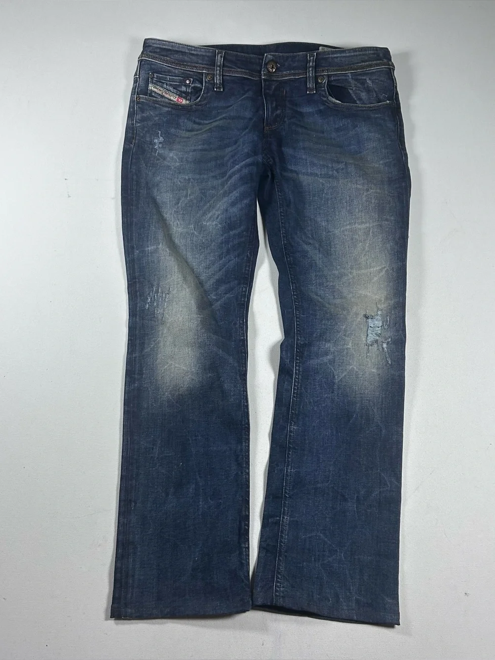 Diesel Jeans Mens Fits: 32x28 Blue Lowkey Regular Sim Straight Marbling Distress
